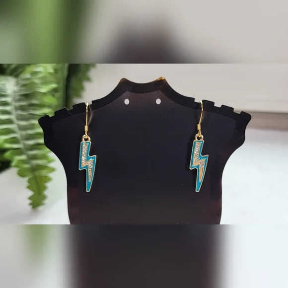 Teal Rhinestone Lightning Bolt Statement Dangle Earrings / Pierced - Picture 1 of 5